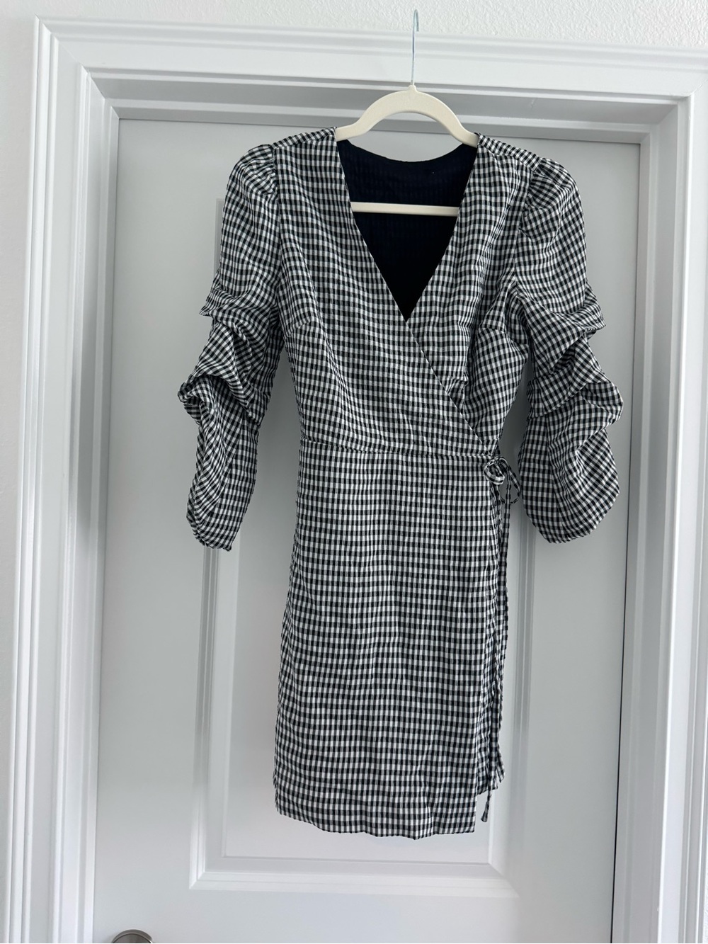 Black and White Gingham Wrap Dress with Puff Sleeves